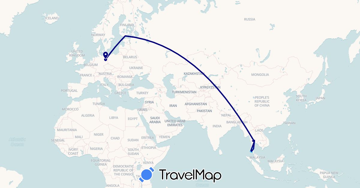 TravelMap itinerary: driving, boat in Germany, Finland, Thailand (Asia, Europe)